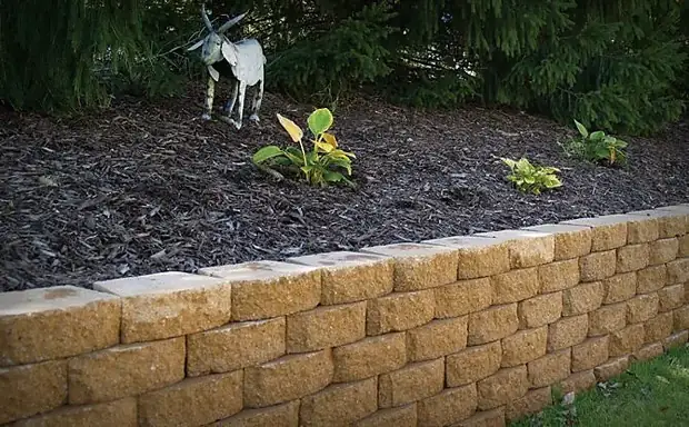 Low tan block retaining wall supporting a raised mulched garden bed with hostas